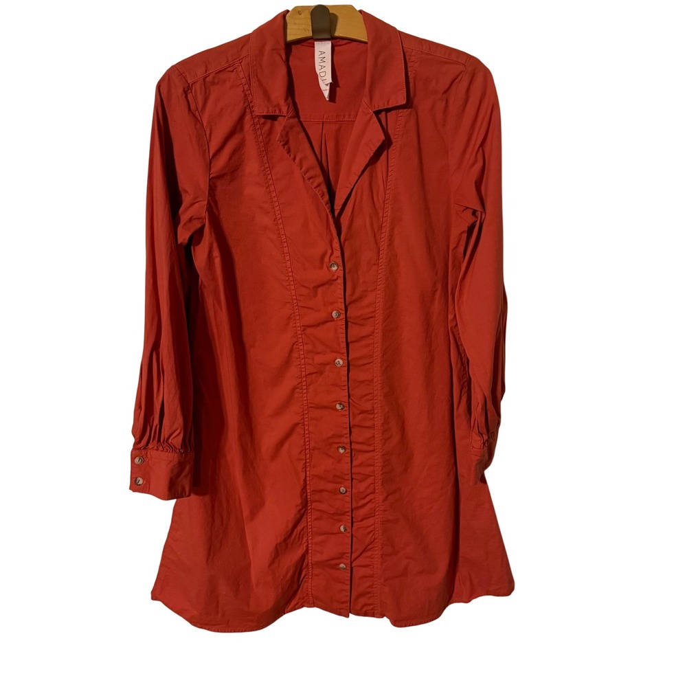 Amadi Anthropologie Orange Button Down Long Sleeve Shirt Dress Size S‎ Made USA